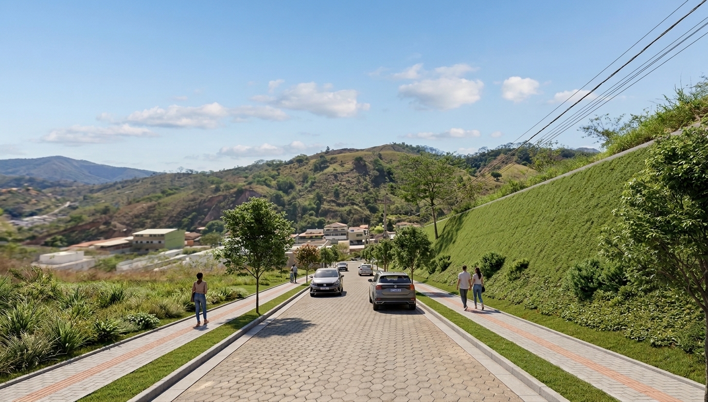 Rua pavimentada do loteamento com vista para as montanhas
